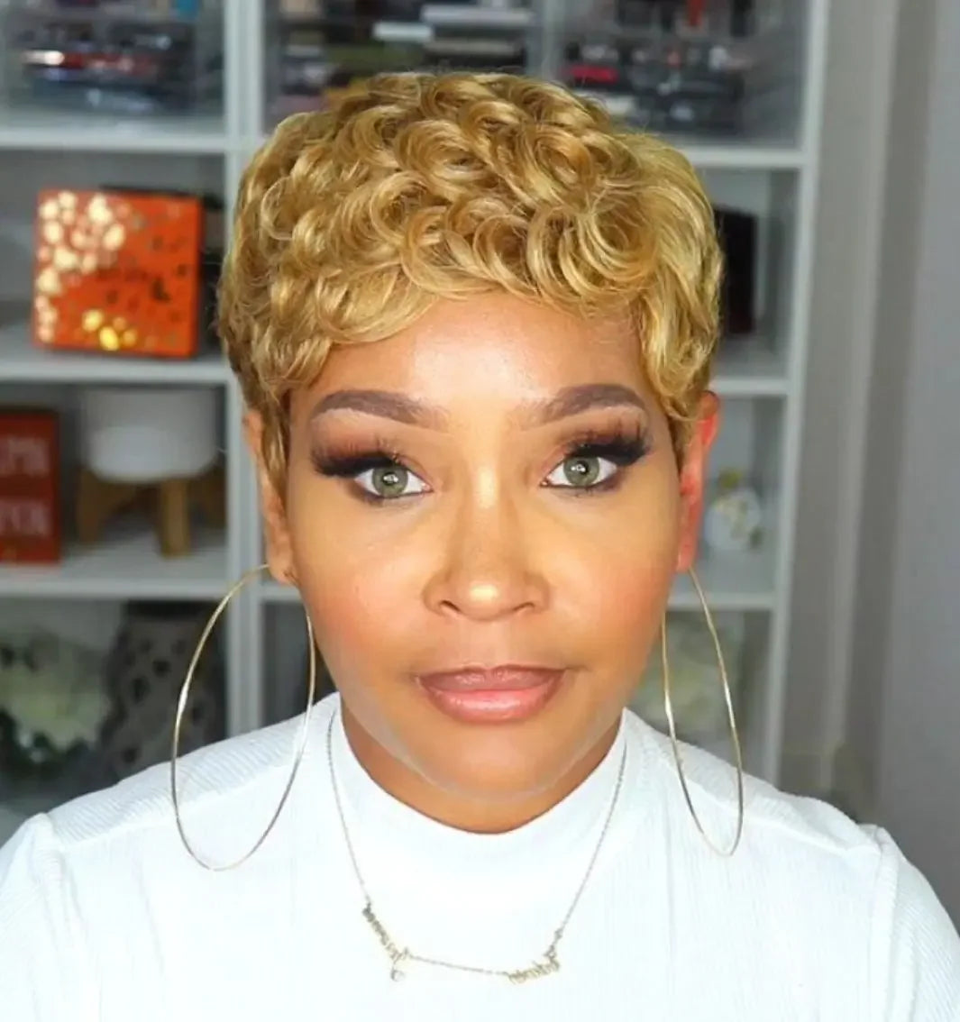 Brazilian Human Hair Wigs Short Afro Curly Wave Machine Made Kinky Curly Wig For Women Pixie Cut Wig Honey Blond Water Deep Wave