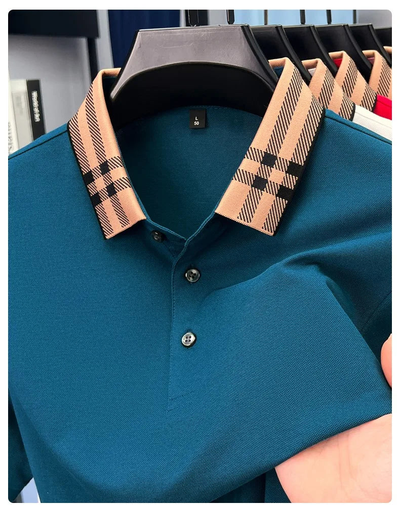Fashion brand plaid lapel short sleeve polo shirt men summer new style simple solid color high-end business casual golf T-shirt