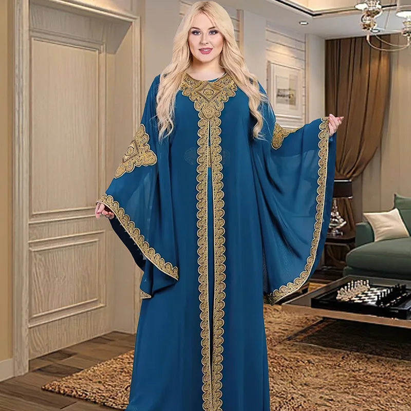 Party Dresses for Women Abaya Muslim Caftan 2 Piece Set Eid Flare Sleeves Robe Embroidered Gold Lace Dress Suit Jalabiya Ramadan