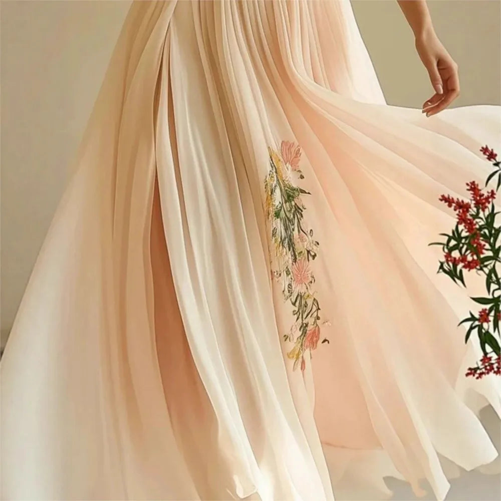 Lady Chic Floral Print Evening Party Dress Gown Women Elegant Short Sleeve High Waist V-neck Party Dresses 2025 Women Holiday