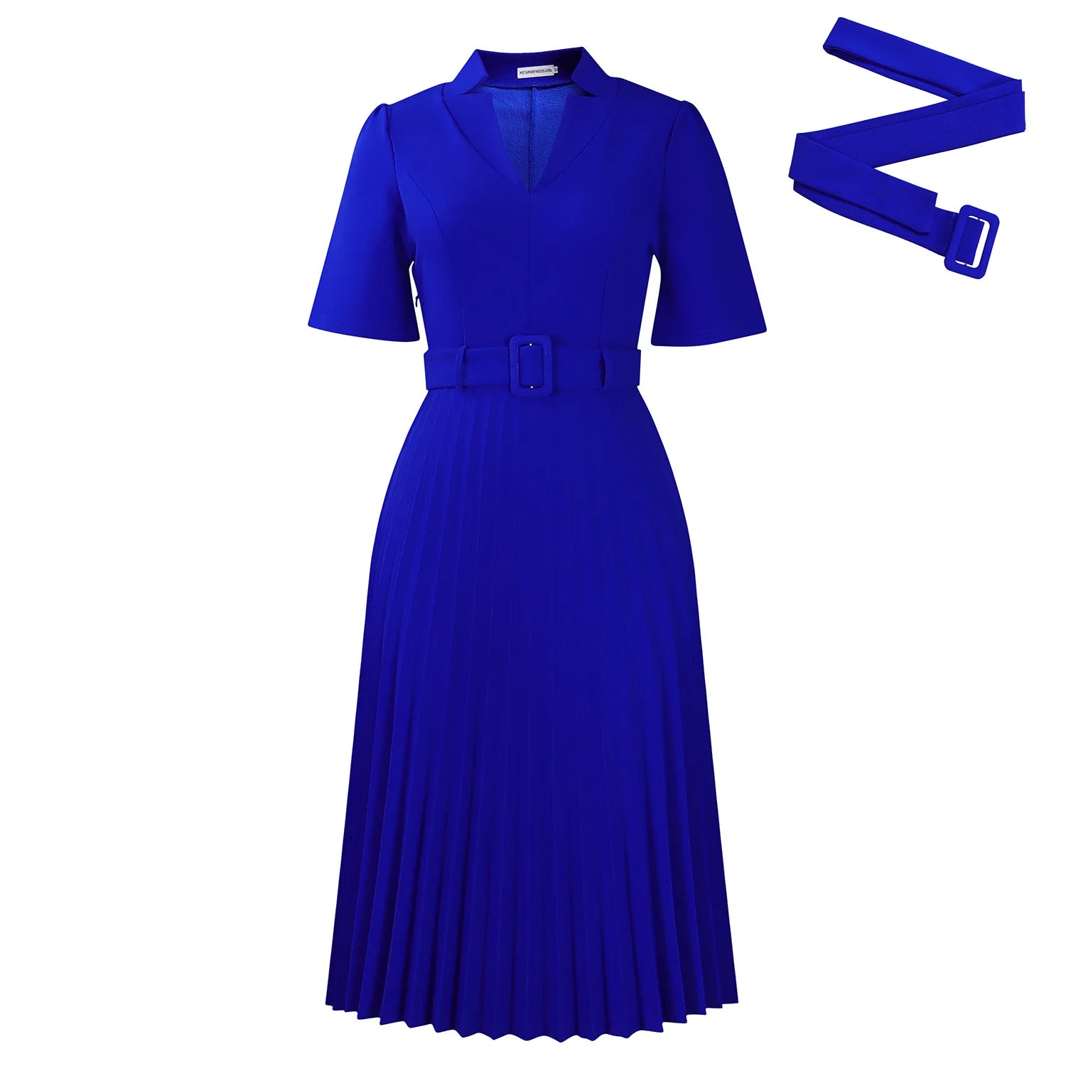 Fashion Ladies Birthday Party Dinner Night Dress New Elegant Pleated Dresses For Women V Neck Short Sleeve Belt Waisted Mid Calf