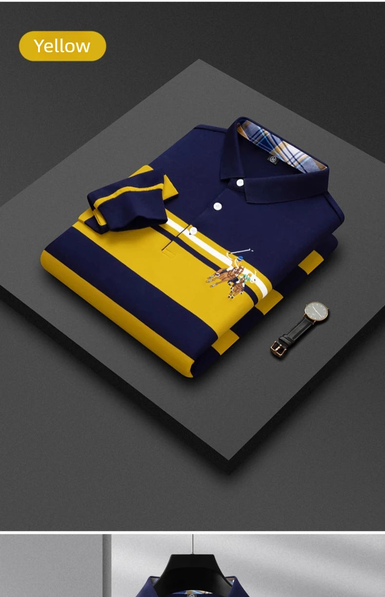 Polo Shirt Man Long Sleeve Cotton Casual Striped Polo Shirt Men Fashion Lapel Button Shirt Embroidery High Quality Breathable