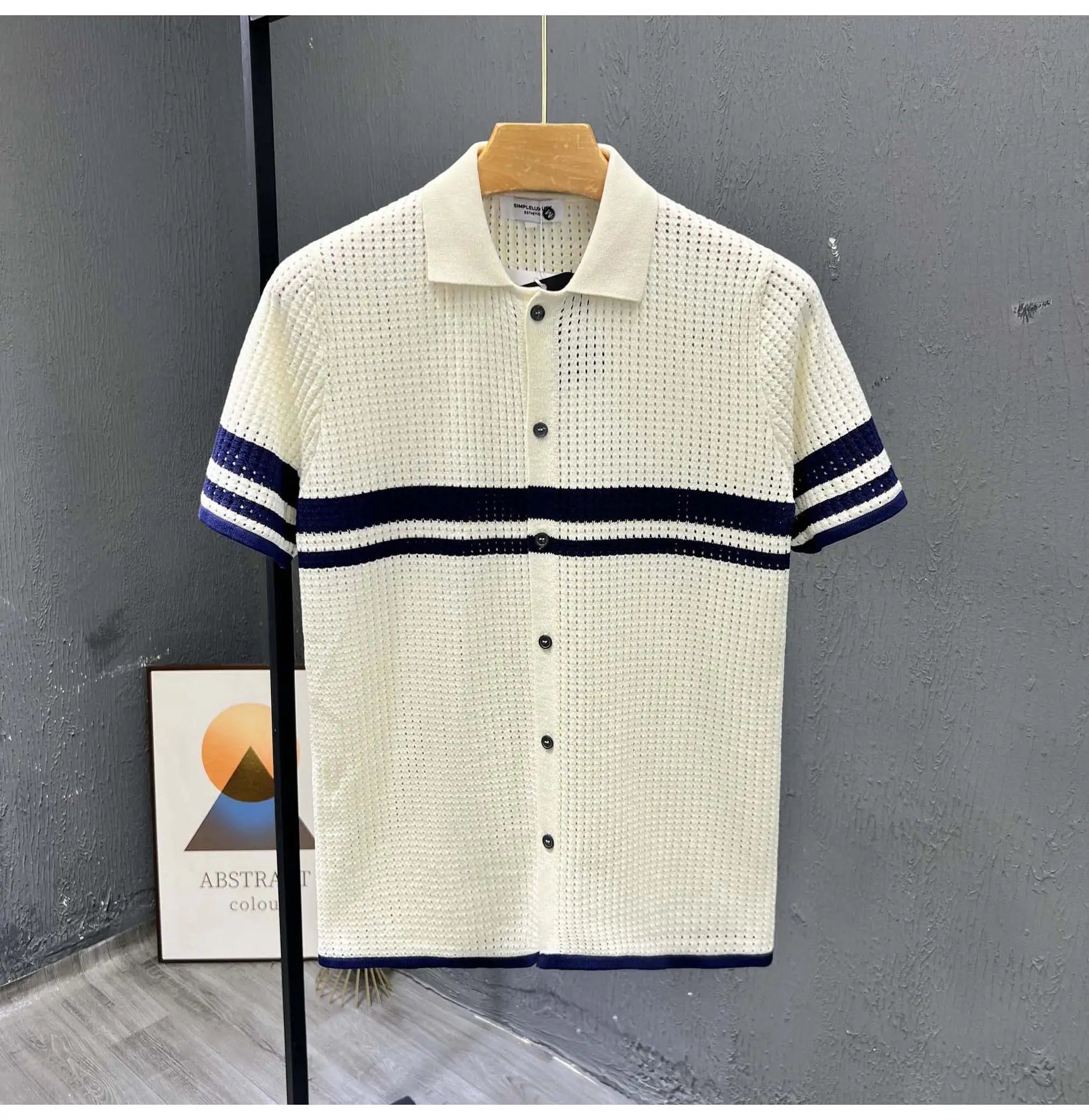 POLO Shirt Knitted Sweater Short-sleeved Men's Hollow Cardigan Striped Old Money Wind Casual T-shirt Summer Men Clothing