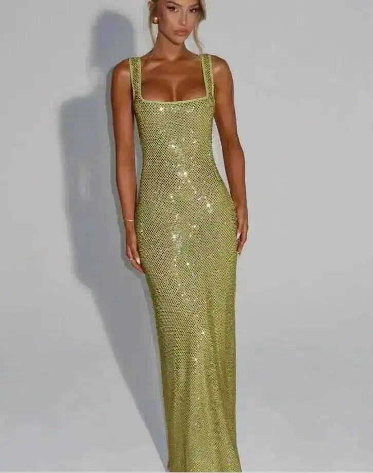 Giyu Sexy Sequined Mesh Diamond Club Evening Party Dresses Women 2025 Summer Autumn Sleeveless Backless Bodycon Maxi Long Dress
