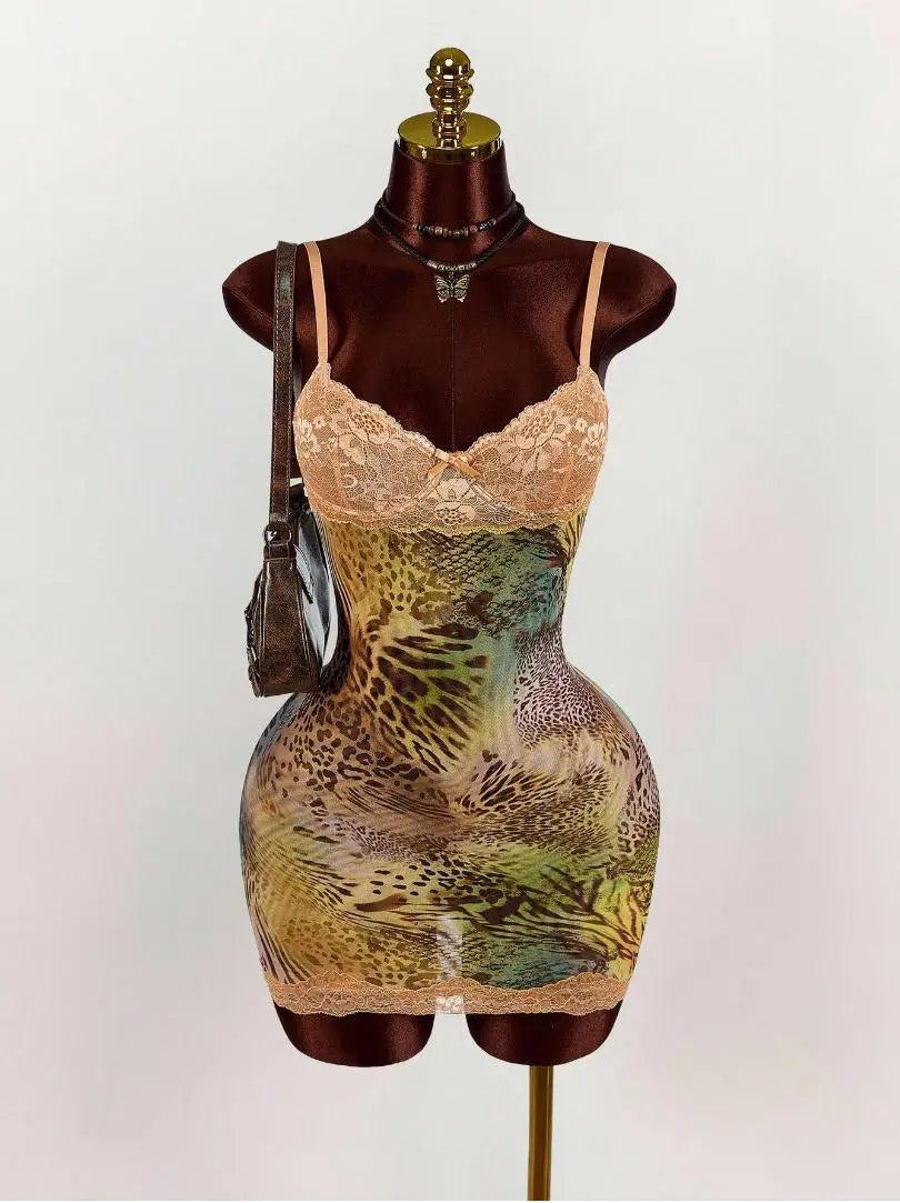Sexy Party Dresses For Woman Lace Suspender Evening Dress Retro Printed Backless Vestidos Bodycon package Hip Backless Elegant