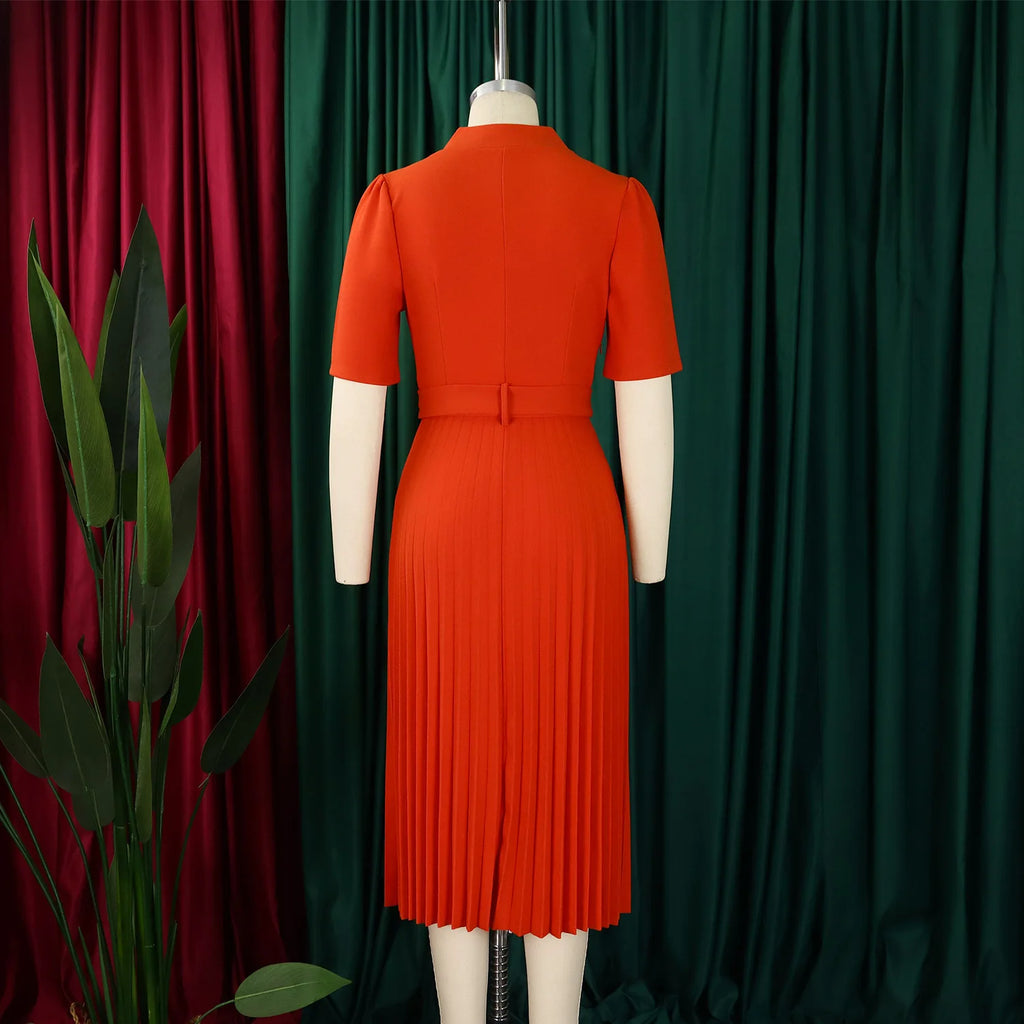 Fashion Ladies Birthday Party Dinner Night Dress New Elegant Pleated Dresses For Women V Neck Short Sleeve Belt Waisted Mid Calf