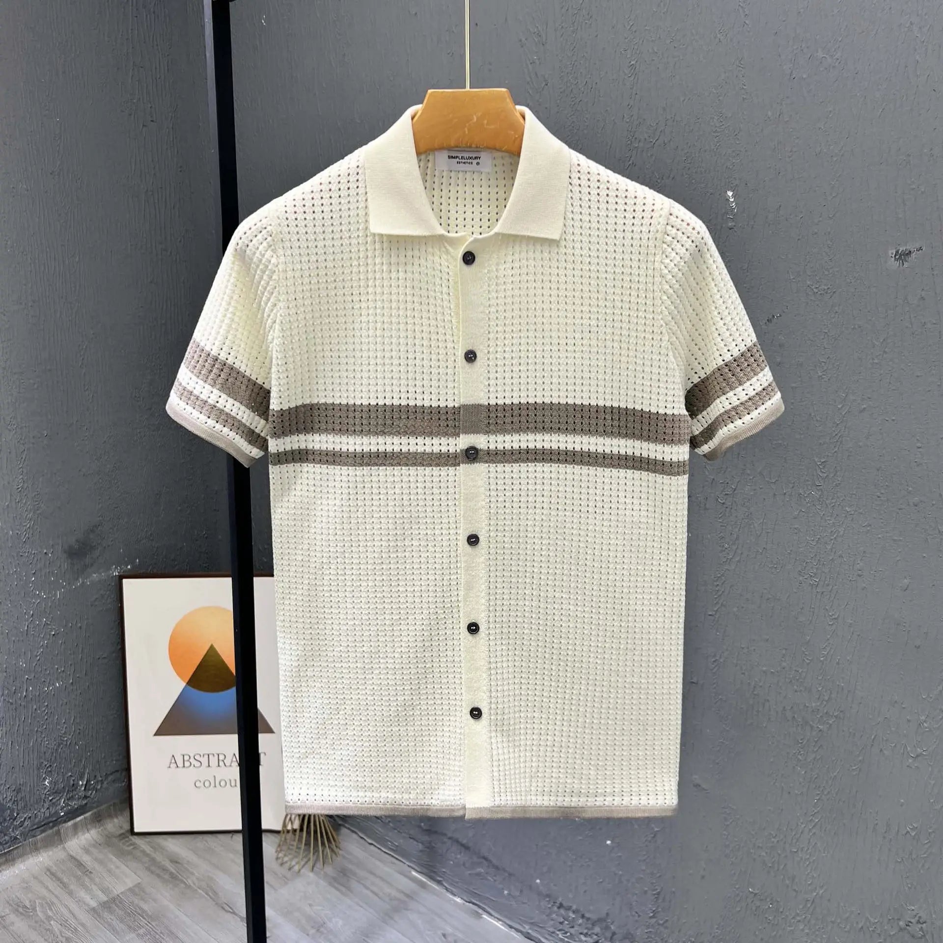 POLO Shirt Knitted Sweater Short-sleeved Men's Hollow Cardigan Striped Old Money Wind Casual T-shirt Summer Men Clothing