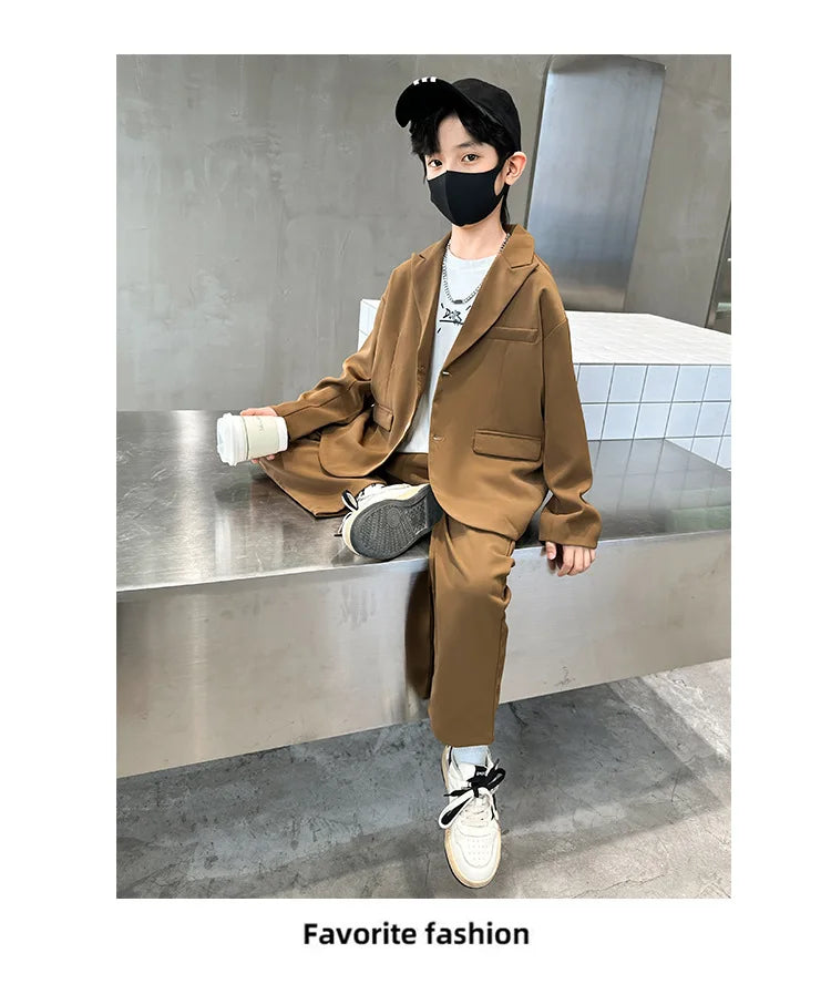 Suit for Boys Autumn Fashion Casual Loose Blazer Trousers Two Pieces Teen School Kids Clothes Set 13 14 Years Children Costumes