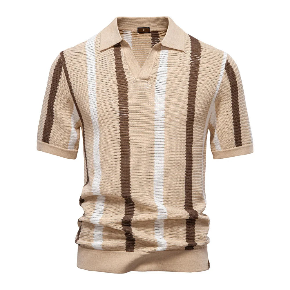 New summer men's short-sleeved striped knitted POLO shirt with hollow-out design and breathable mesh fabric.