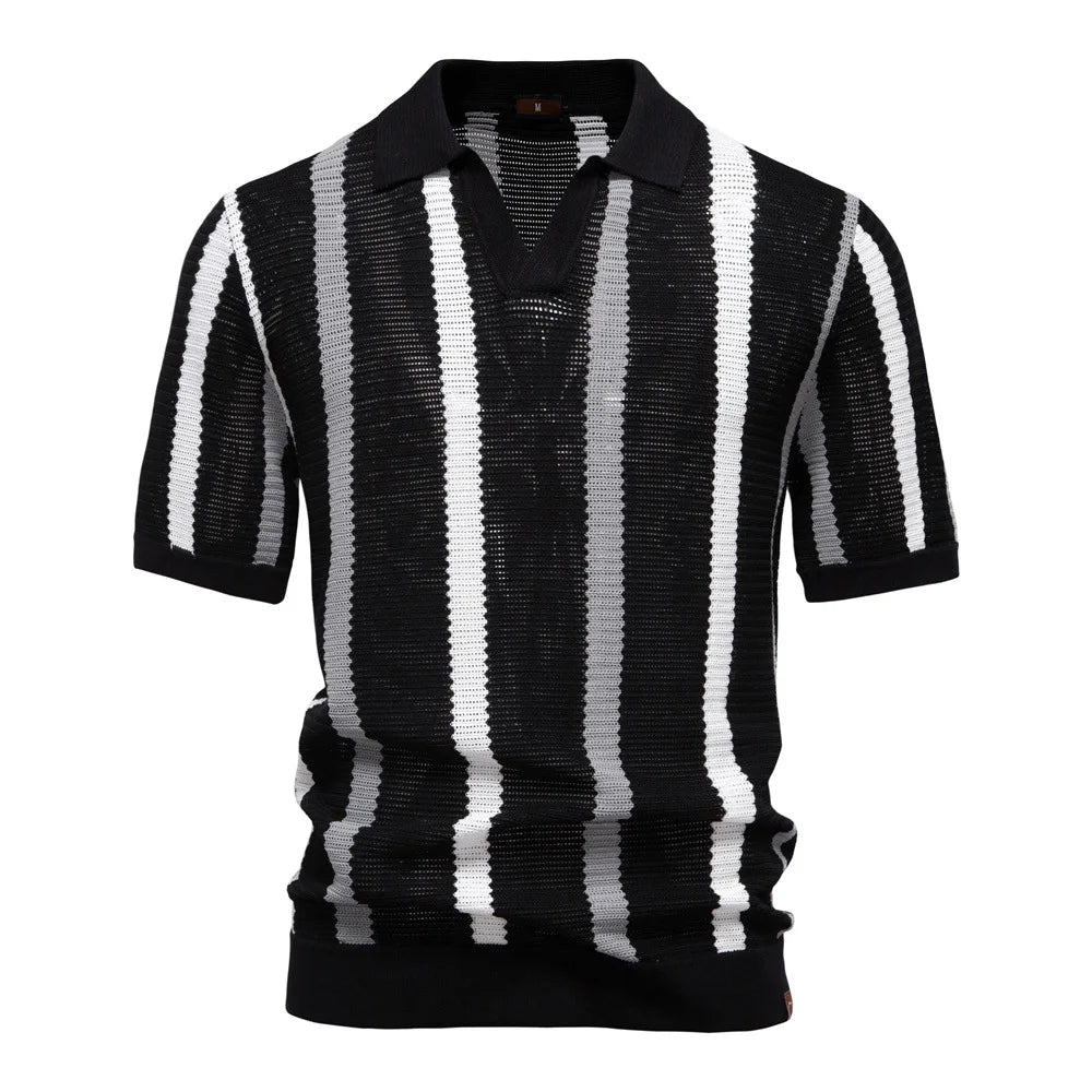 New summer men's short-sleeved striped knitted POLO shirt with hollow-out design and breathable mesh fabric.