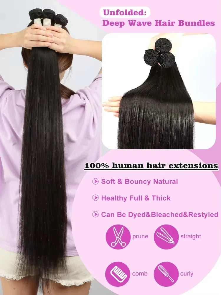 100% Real Human Hair Bone Straight Bundles 30 40 Inches Raw Hair 1 3 4 Bundles Brazilian Hair Weave Extensions For Black Women