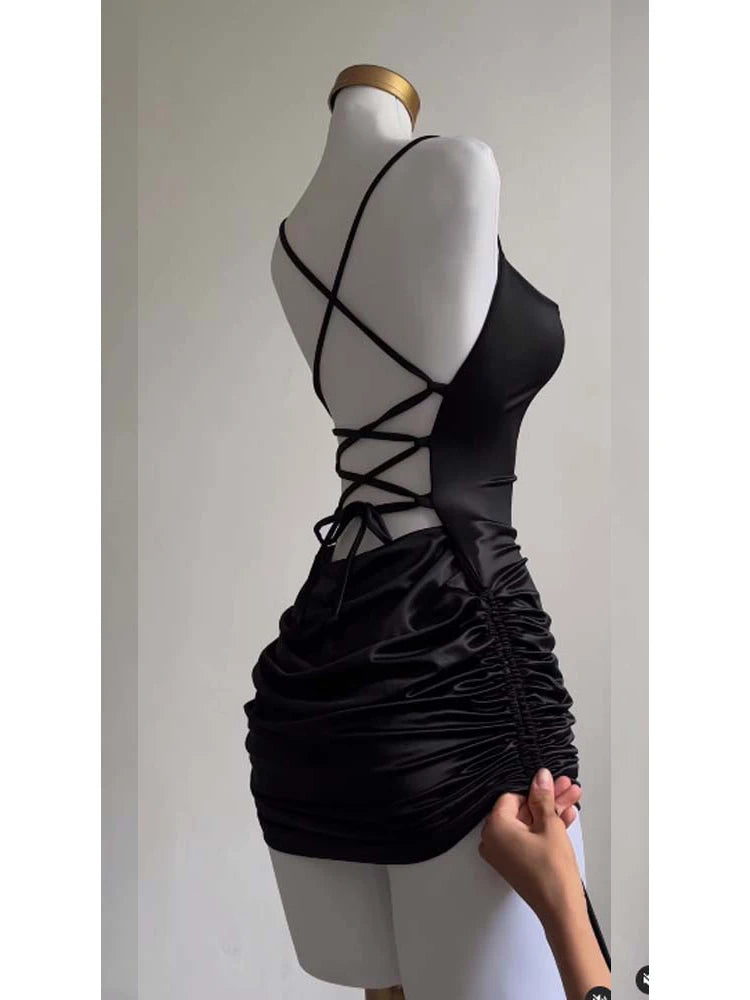 Sexy Sleeveless Backless Bodycon Mini Dress Women Summer Satin Lace Up Party Club Dresses Streetwear Evening Black Y2K 2025 Robe