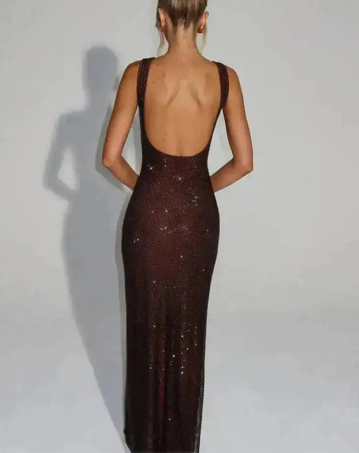 Giyu Sexy Sequined Mesh Diamond Club Evening Party Dresses Women 2025 Summer Autumn Sleeveless Backless Bodycon Maxi Long Dress