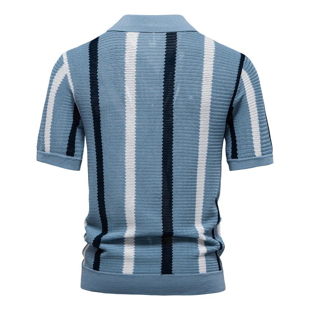 New summer men's short-sleeved striped knitted POLO shirt with hollow-out design and breathable mesh fabric.