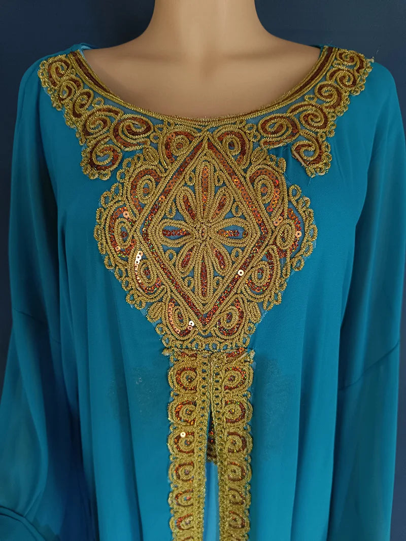 Party Dresses for Women Abaya Muslim Caftan 2 Piece Set Eid Flare Sleeves Robe Embroidered Gold Lace Dress Suit Jalabiya Ramadan