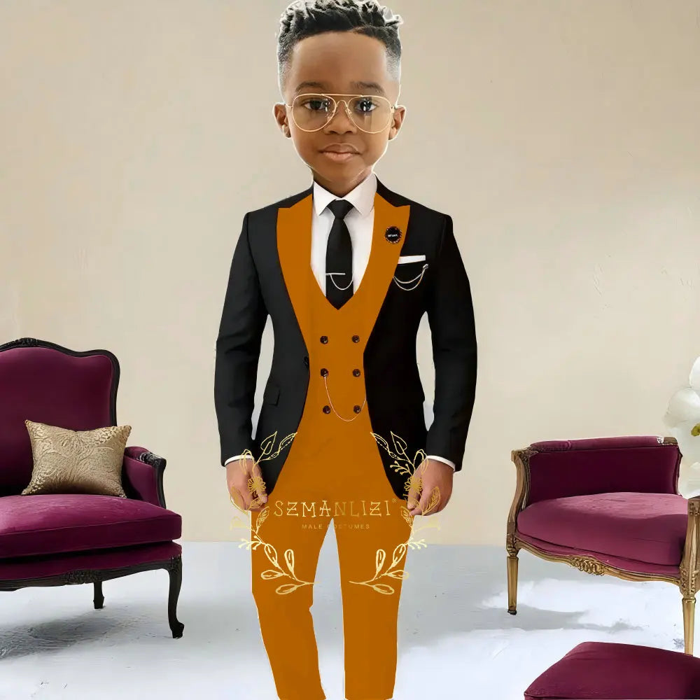 Boys Suit Wedding Tuxedo Black Jacket Beige Pants Vest 3 Pieces Set Kids 2-16 Years Old Child Formal Party Suits Clothes Blazer