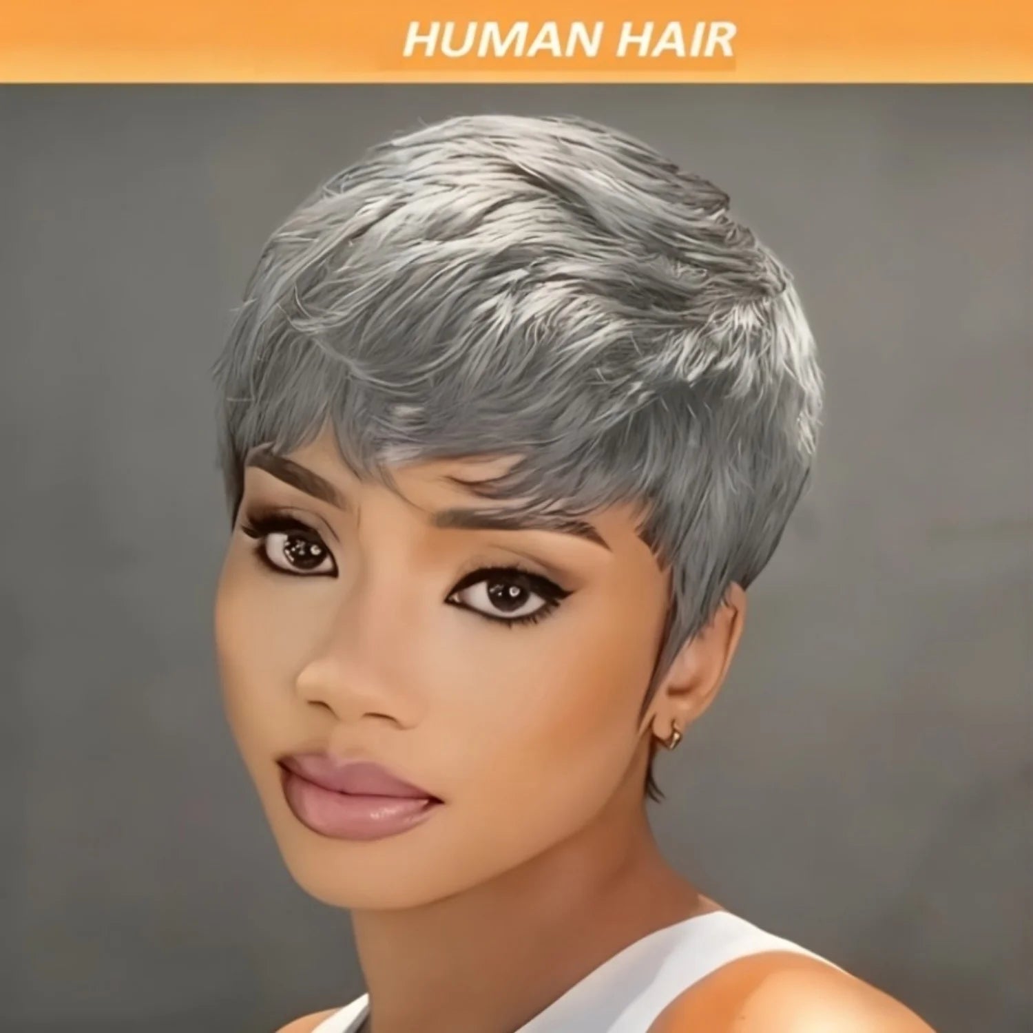 Women's Brazilian Grey Human Hair Wig - full machine made wig Short Straight Layered Pixie Cut, Natural Look with Soft Waves