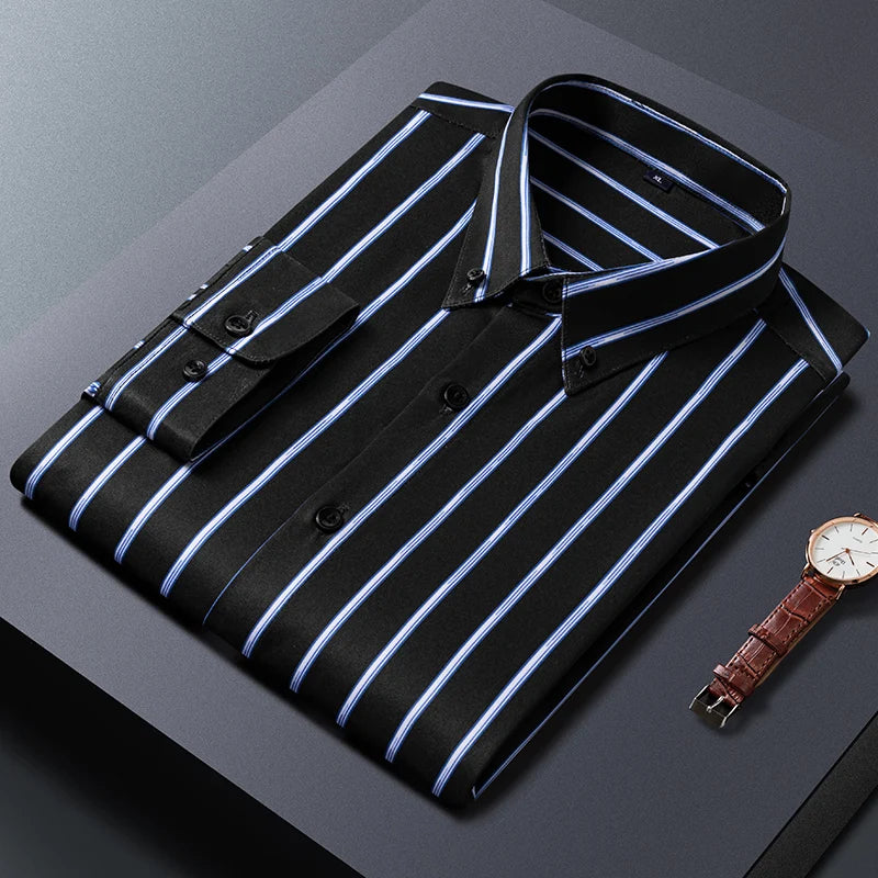 Mens Striped Shirts Korean Fashion Business Formal Wear Long Sleeve Men's Social Shirt Dress Slim Fit Elastic Office Blouse Male