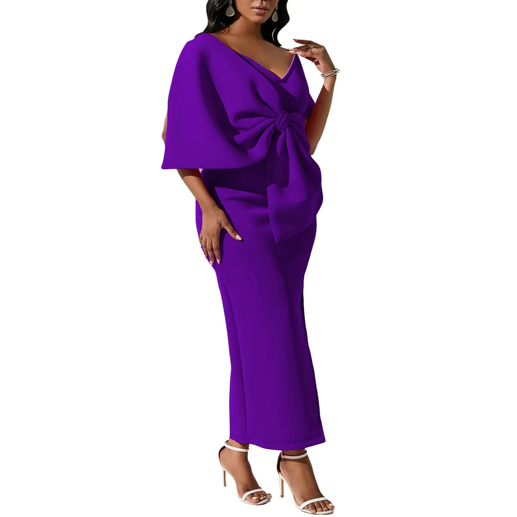 Elegant Party Dresses for Woman 2024 New V Neck Short Sleeve Big Bow Decorate Sheath Side Split Ankle Length Luxury Party Dress