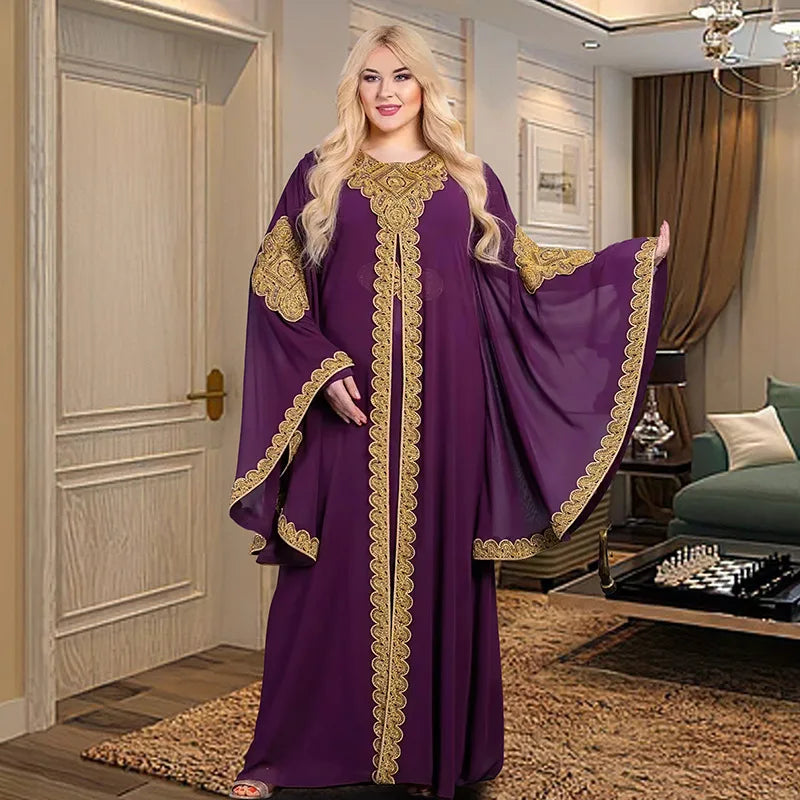 Party Dresses for Women Abaya Muslim Caftan 2 Piece Set Eid Flare Sleeves Robe Embroidered Gold Lace Dress Suit Jalabiya Ramadan