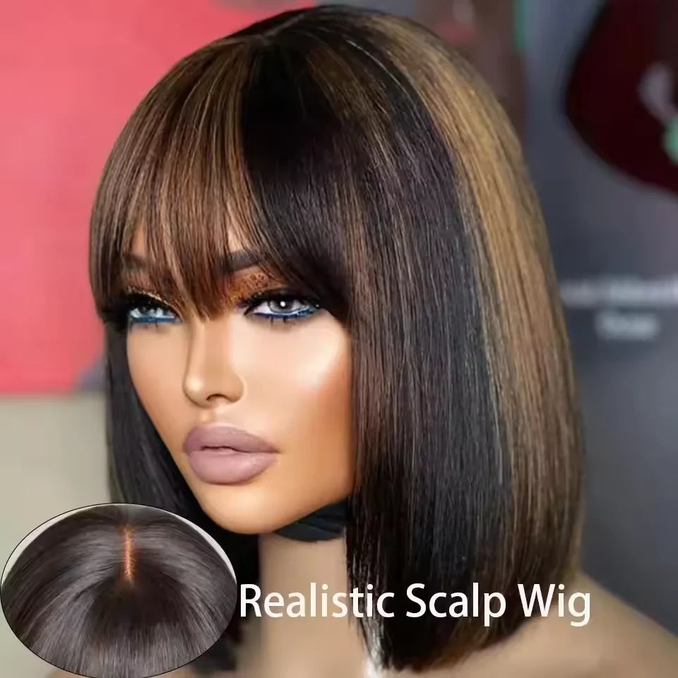 Brazilian Hair Reddish Brown color#33A Short Cut Straight Bob with Bangs 100% Human Hair Bob Wigs Real Scalp Straight Bob Wig
