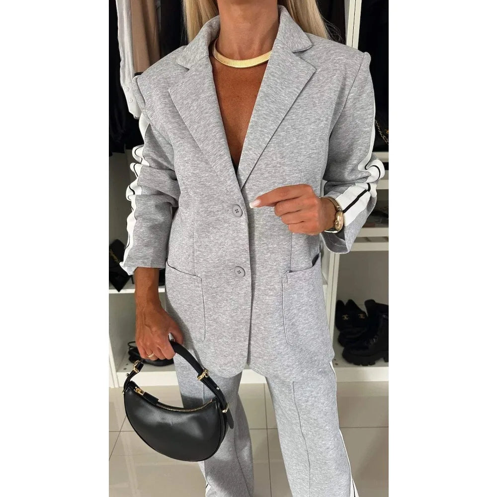Women's Long Sleeve Blazer Suit Set - Autumn Winter Notch Casual Office Pantsuit for Business, Travel and Daily Wear