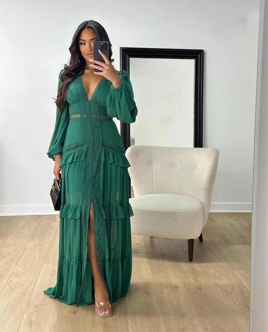 Elegant Womens Maxi Dress Ruffles Long Sleeve Hollow Out Evening Dresses Party Chic Robe Green Blue Purple New In Holiday Summer