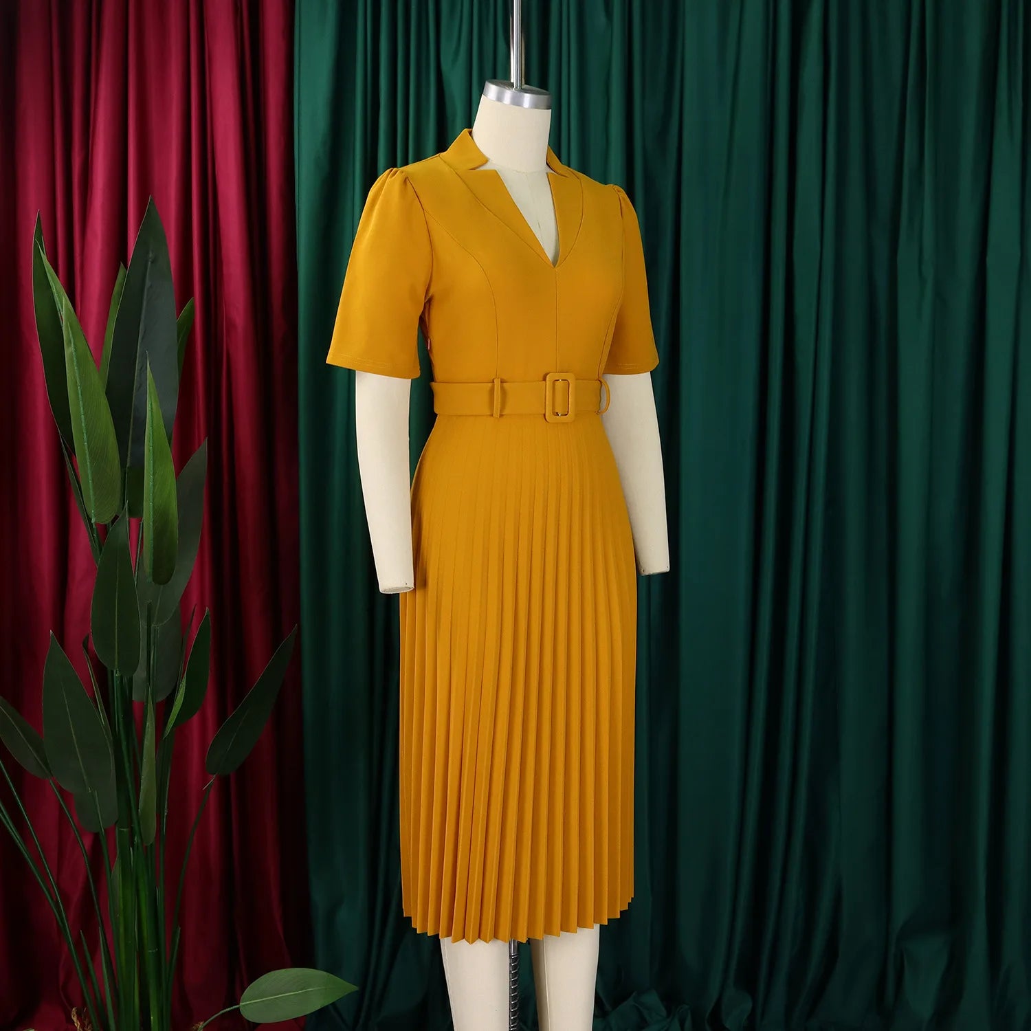 Fashion Ladies Birthday Party Dinner Night Dress New Elegant Pleated Dresses For Women V Neck Short Sleeve Belt Waisted Mid Calf
