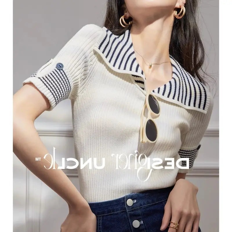 Women's T Shirts Polo Neck Shirt Top Short Sleeve Tee Clothes White Striped Cute Offer Premium With Collar Polyester Sale