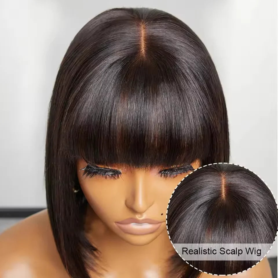 Brazilian Hair Reddish Brown color#33A Short Cut Straight Bob with Bangs 100% Human Hair Bob Wigs Real Scalp Straight Bob Wig