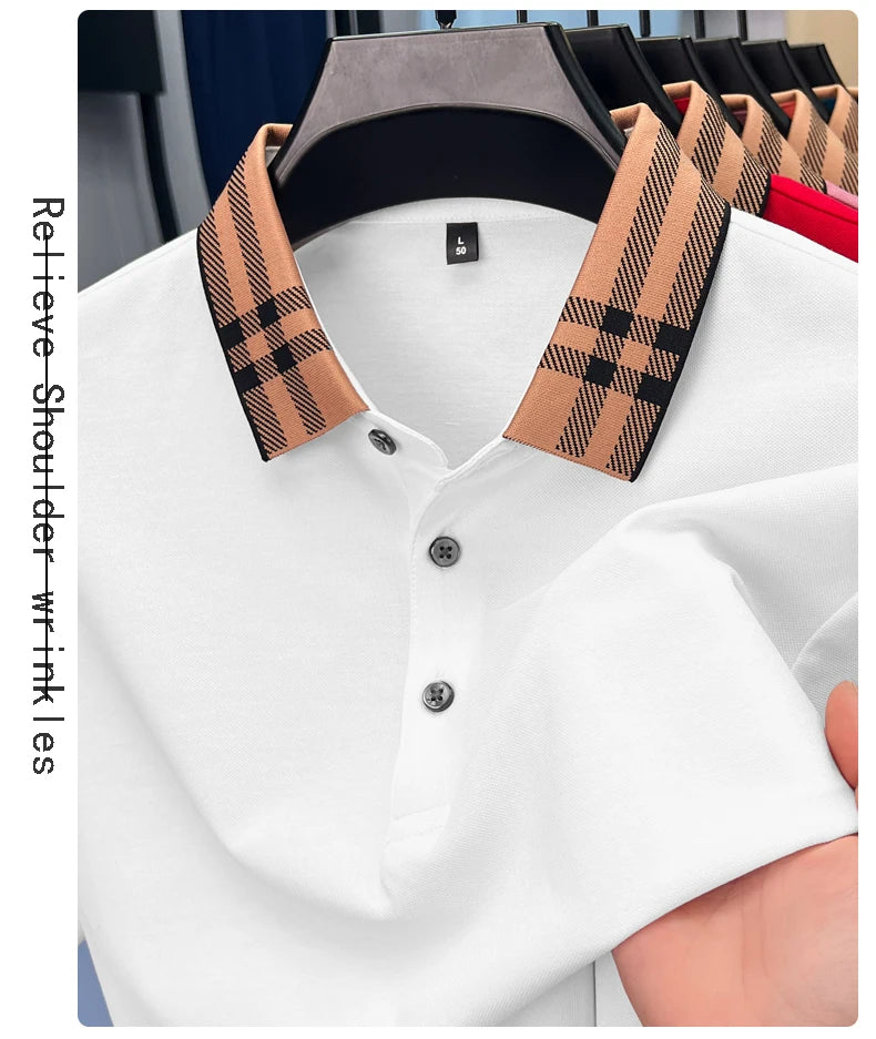 Fashion brand plaid lapel short sleeve polo shirt men summer new style simple solid color high-end business casual golf T-shirt
