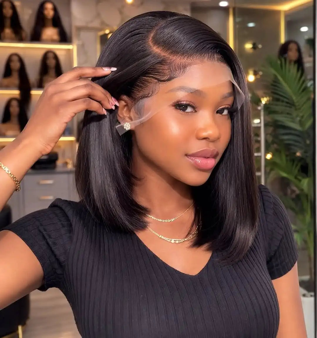 Straight Short Bob Wig Human Hair 13x4 Transparent Lace Front Wigs 230 Density Natural Black Bone Straight Short Human Hair Wigs