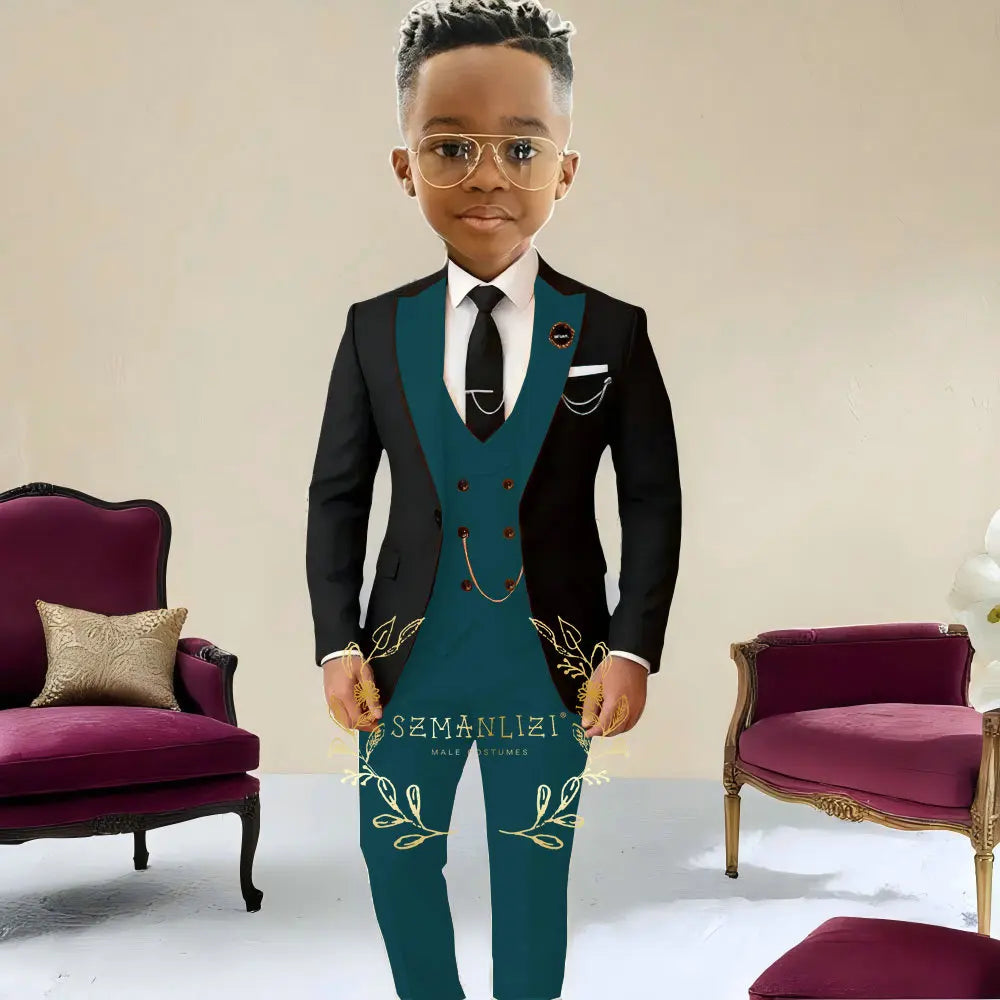 Boys Suit Wedding Tuxedo Black Jacket Beige Pants Vest 3 Pieces Set Kids 2-16 Years Old Child Formal Party Suits Clothes Blazer