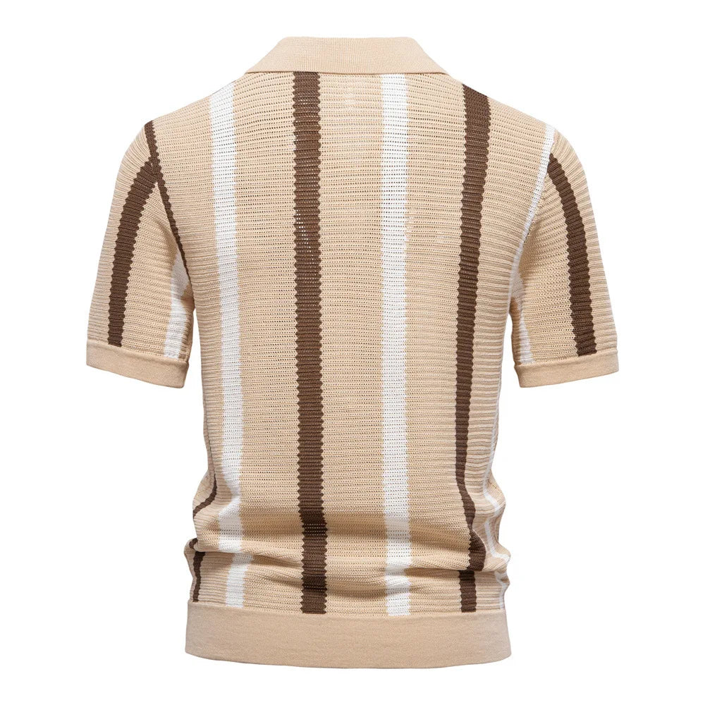 New summer men's short-sleeved striped knitted POLO shirt with hollow-out design and breathable mesh fabric.