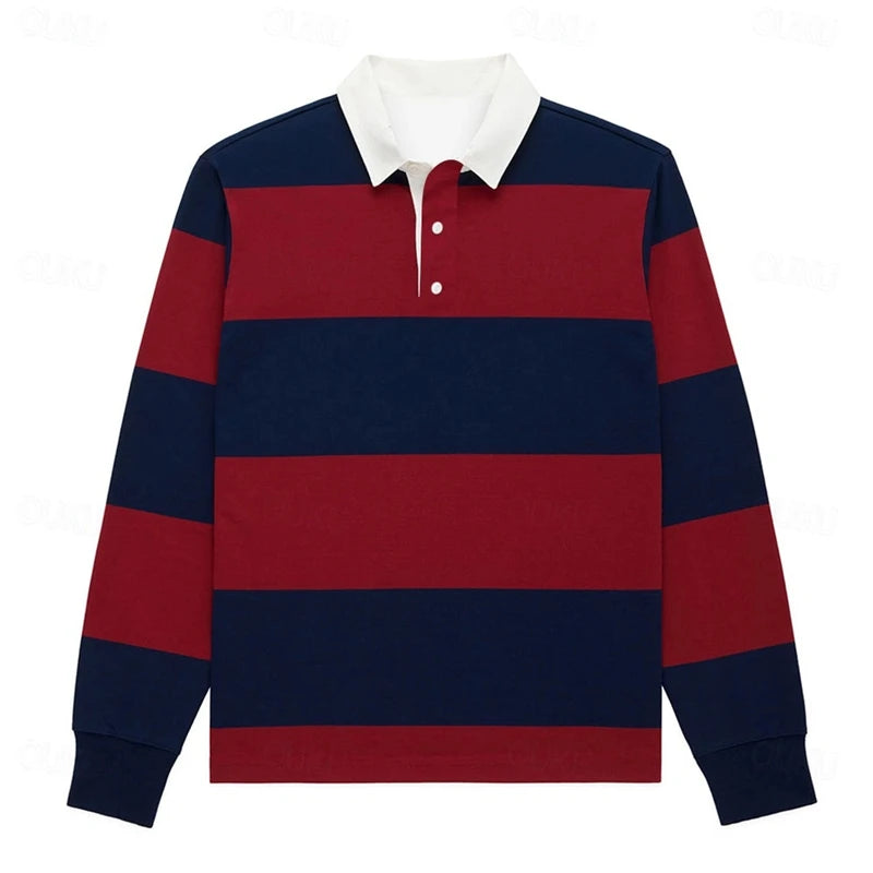 Simple Fashion Striped Polo Shirts For Men Casual Autumn Long Sleeve 3D Printed Golf Polo Shirt Loose Breathable Lapel Tops