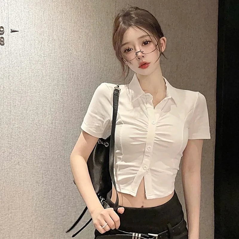 Women's Sexy Polo Shirt  Button Lapel Short Sleeve T-Shirt Summer Slim Waisted Neckline Tops Trendy Transparent Fashion Tops