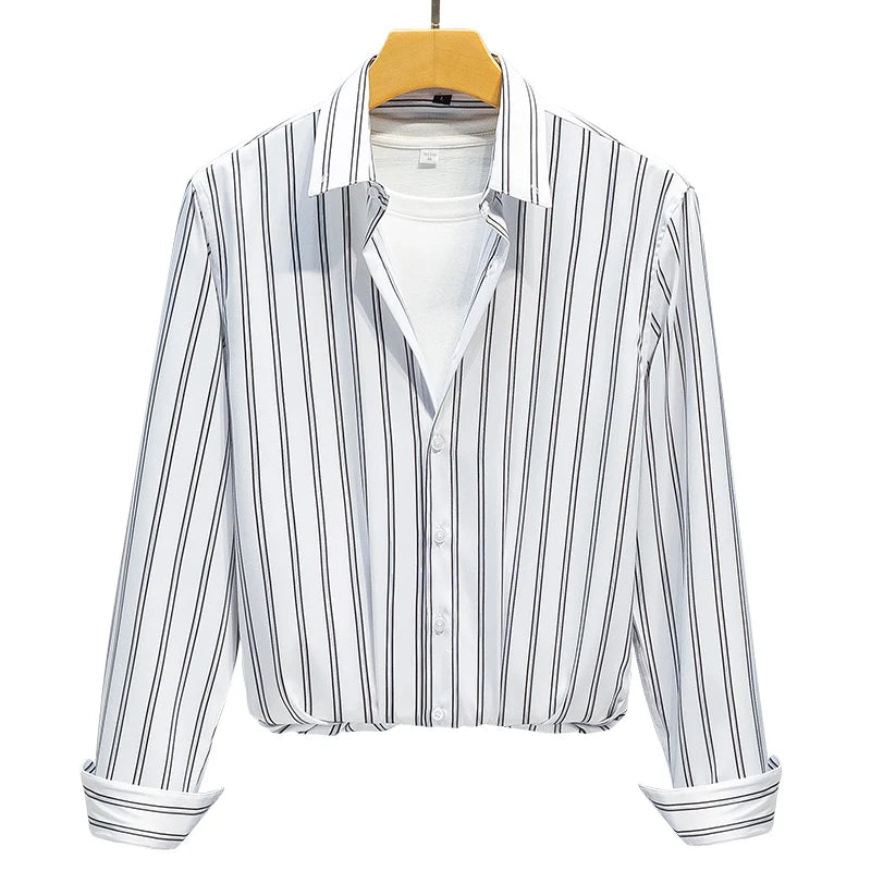 Mens Striped Shirts Korean Fashion Business Formal Wear Long Sleeve Men's Social Shirt Dress Slim Fit Elastic Office Blouse Male