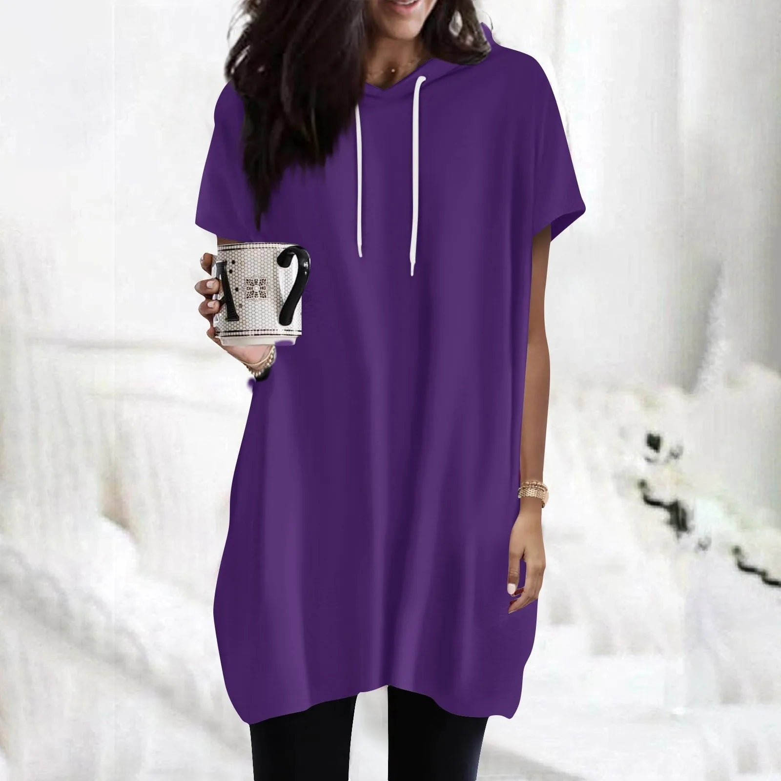 Hoodies Oversized Solid Color Daily Short Sleeve Long Shirts Fashionable Basics Minimalist Comfortable Top Or Dress With Pockets