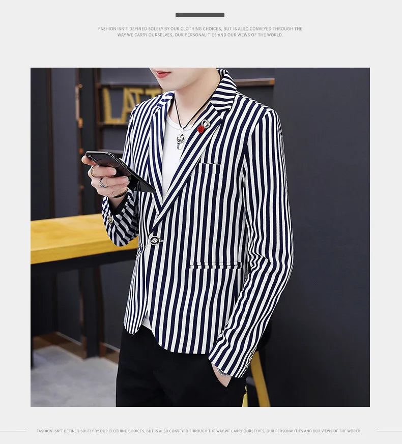Mens Blazer Jacket 2022 New Suit Male Casual Korean Style Trendy Slim Striped Student Small Suit Jacket Hair Stylist Single Top