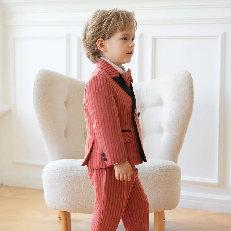Children Boys Red Luxurious Striped Suit Formal Blazer Vest Pant Boys Suits Outfits Set British Style Handsome Wedding Suit