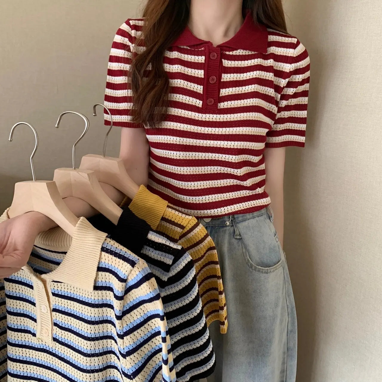 Striped Short Sleeve Polo Sweater Women Pointelle Knit Polo Shirt with Collar Buttons Crop Top Schoolgirl Preppy Style Summer