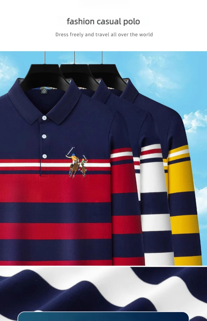 Polo Shirt Man Long Sleeve Cotton Casual Striped Polo Shirt Men Fashion Lapel Button Shirt Embroidery High Quality Breathable