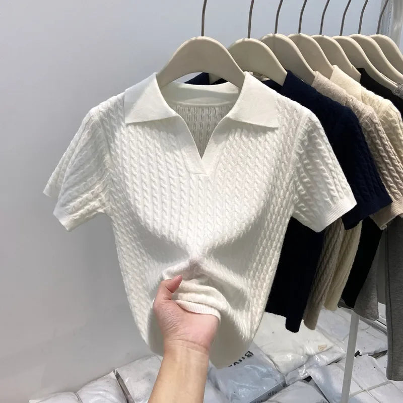 Polo Neck Knit Sweater Women Short Sleeve T-shirt High-end Slim Korean Chic High-end Tops Patchwork Women Clothing Thin Pullover
