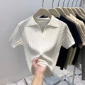 Polo Neck Knit Sweater Women Short Sleeve T-shirt High-end Slim Korean Chic High-end Tops Patchwork Women Clothing Thin Pullover