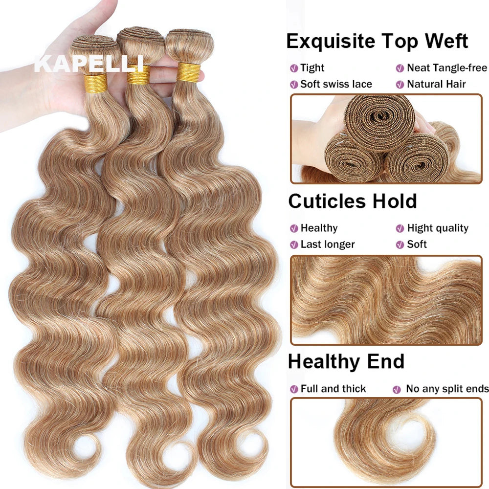 #27 Honey Blonde Hair Body Wave Human Hair Bundles 100% Brazilian Unprocessed Raw Hair Extensions #613 Blonde Bundle Deal