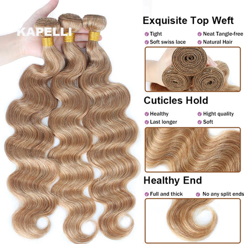 #27 Honey Blonde Hair Body Wave Human Hair Bundles 100% Brazilian Unprocessed Raw Hair Extensions #613 Blonde Bundle Deal