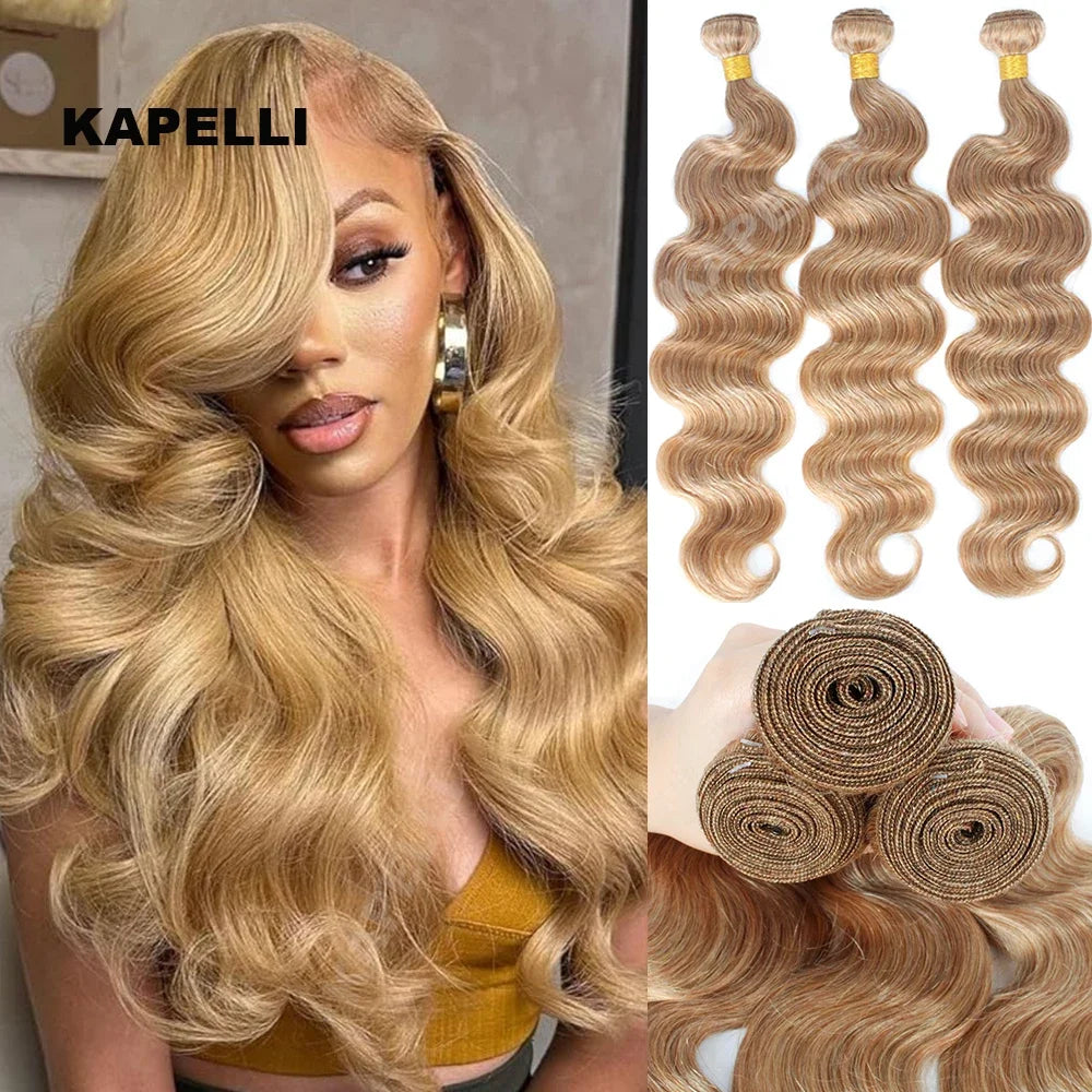 #27 Honey Blonde Hair Body Wave Human Hair Bundles 100% Brazilian Unprocessed Raw Hair Extensions #613 Blonde Bundle Deal