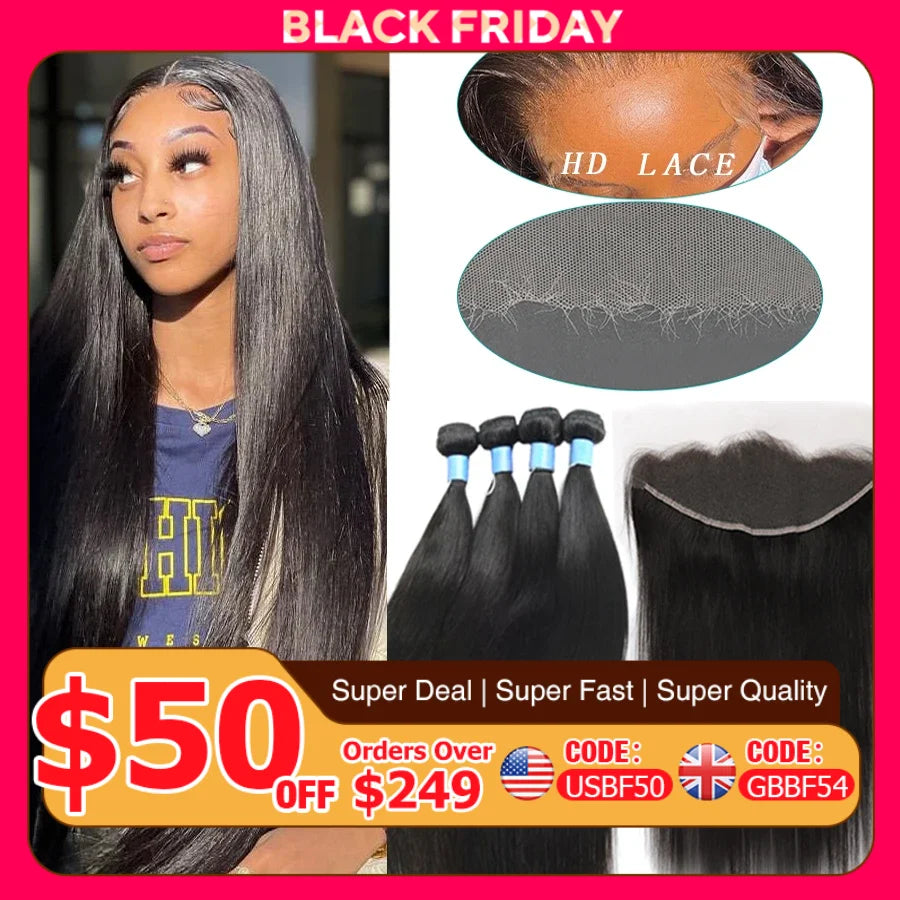 32 inch Bone Straight Hair Bundles With HD Lace Frontal Melt Skins Brazilian Human Hair Extension HD Lace Closure With Bundles