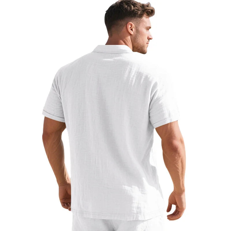 High-Quality Cotton Linen Short-Sleeved POLO Shirt Men Casual Loose Comfortable Shirt summer tees Button turn-down collar tops