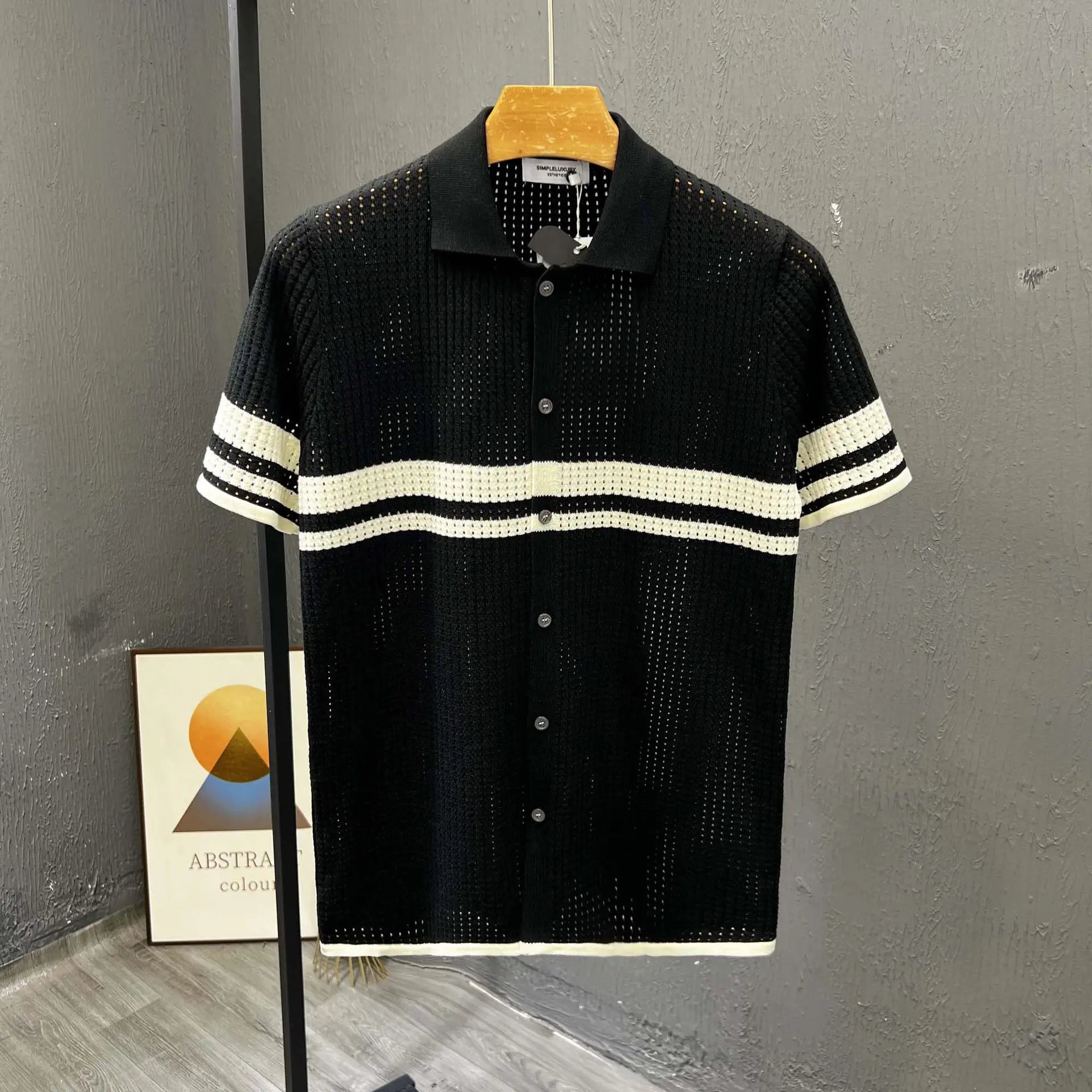 POLO Shirt Knitted Sweater Short-sleeved Men's Hollow Cardigan Striped Old Money Wind Casual T-shirt Summer Men Clothing